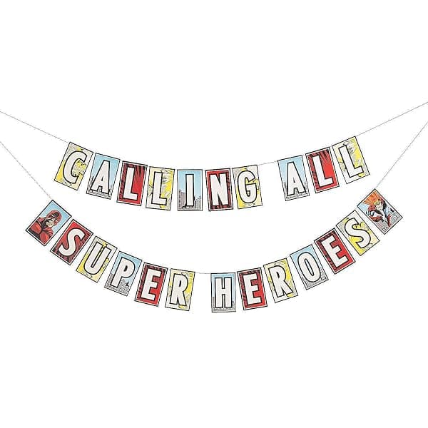 Fun Express comic book superhero birthday party pennant banner 2-pack in POW ZAP BAM style, 7 feet each