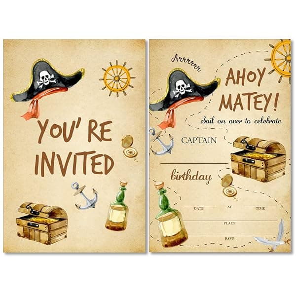 Pack of 20 pirate treasure map scroll fill-in birthday party invitations