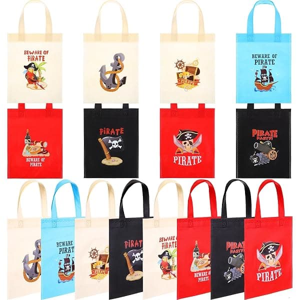 Non-woven pirate loot bags with skull and crossbones print for pirate party favors