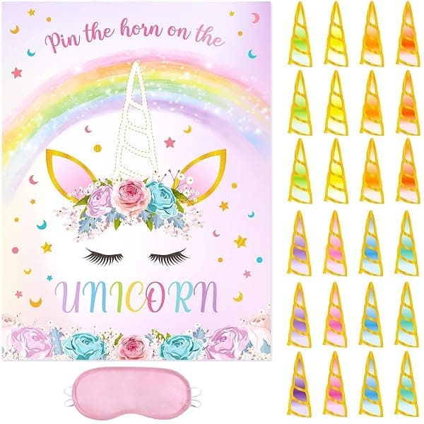 Pin the horn on the unicorn birthday party poster game