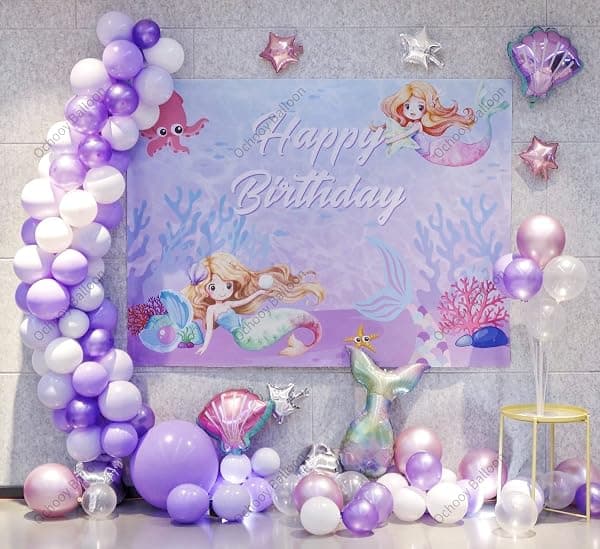 Mermaid birthday party decoration kit with balloon garland and birthday backdrop in teal and purple
