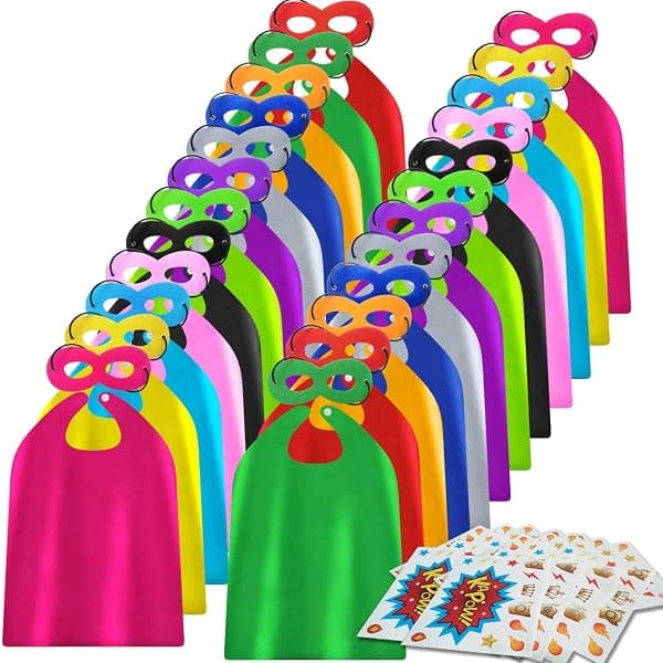 ADJOY superhero capes and masks for kids 24 sets bulk pack in assorted hero colors with stickers