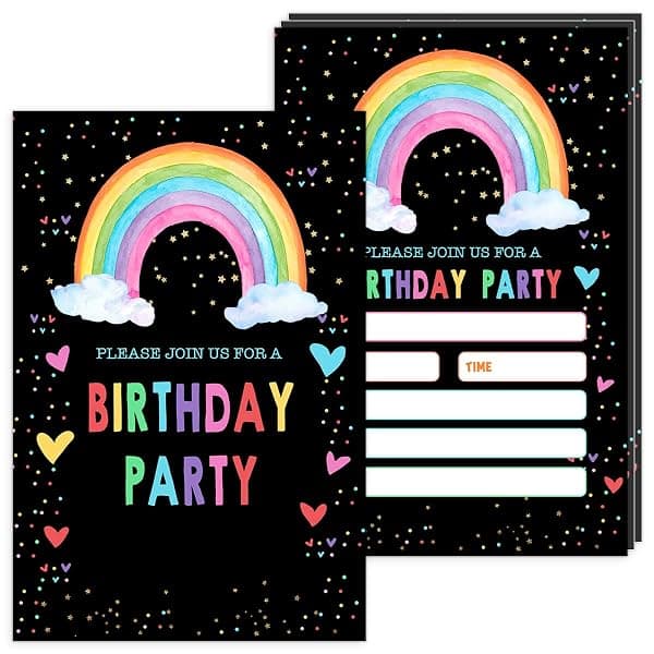 Pack of rainbow-themed fill-in birthday party invitation cards