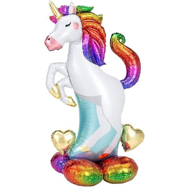 Large unicorn shaped foil balloons in pink and gold for party decoration