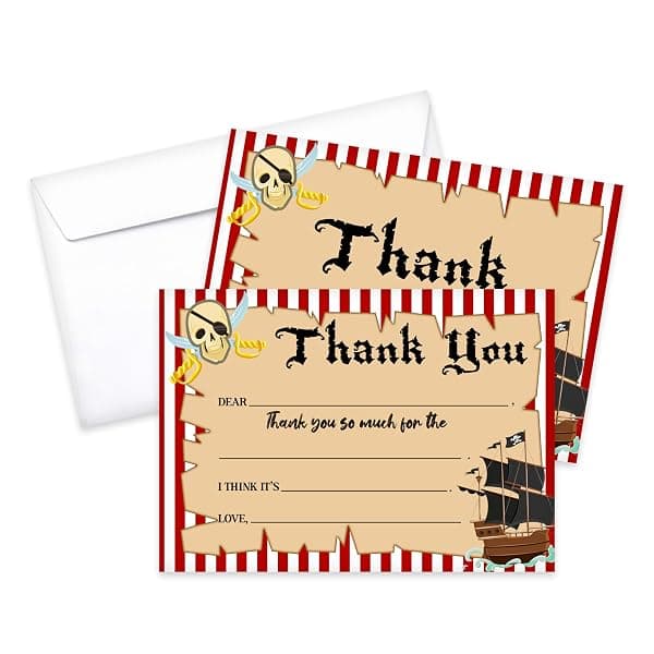 Pack of 20 pirate skull and crossbones fill-in birthday thank-you cards
