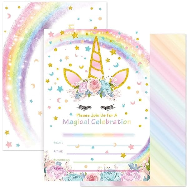 Unicorn birthday party invitation cards with envelopes, fill-in style, 20-pack