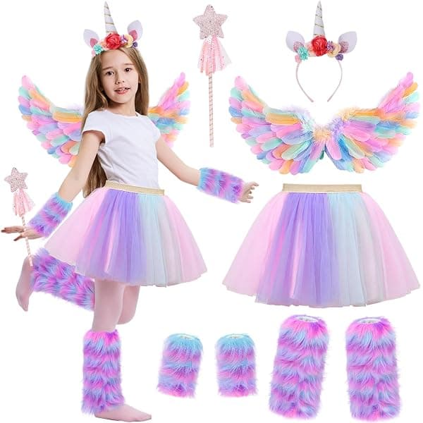 Tacobear unicorn costume set for girls with tutu skirt, feather wings, fluffy gloves, furry leg warmers and unicorn horn headband