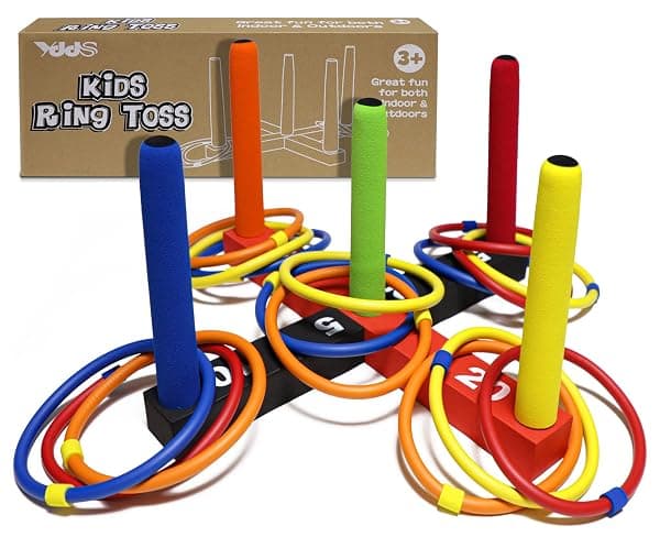 Rainbow colored ring toss game set with standing peg targets