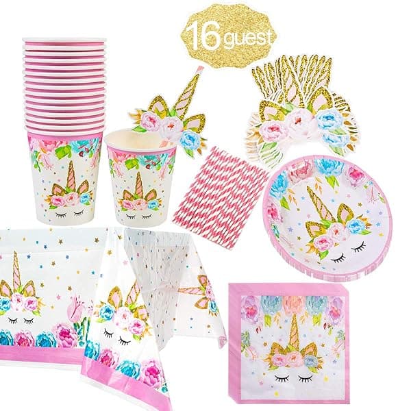 Unicorn birthday tableware set with floral unicorn face plates, cups, napkins, straws, and tablecloth for 16 guests