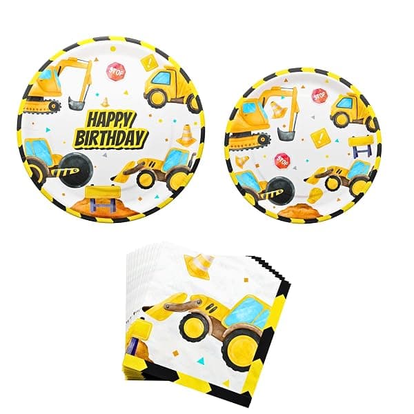 Construction zone-themed birthday party plates and napkins for 16