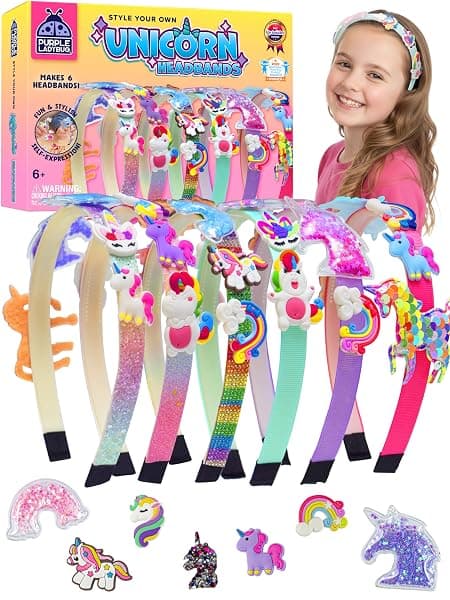 PURPLE LADYBUG unicorn headband making kit with blank headbands and unicorn-themed charms, fabric strips, and glitter embellishments