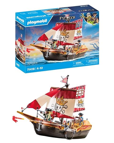 PLAYMOBIL Pirate Ship 71418 with movable sails, cannons, and pirate figures for ages 4+