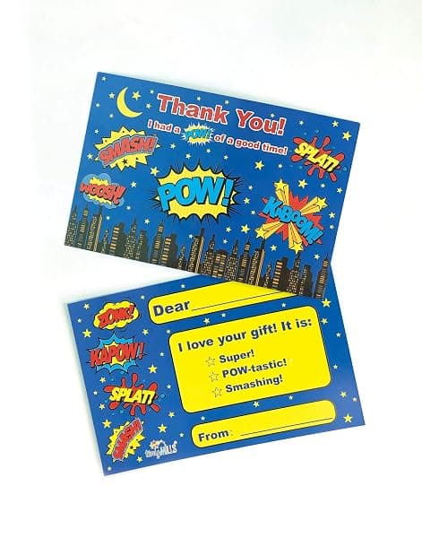 Comic-style superhero fill-in birthday thank-you cards with envelopes, 25-pack