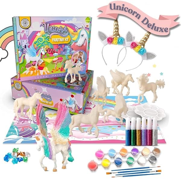 Deluxe unicorn painting kit with 8 paintable figurines, 2 foam headbands, washable paints and crystal gem stickers
