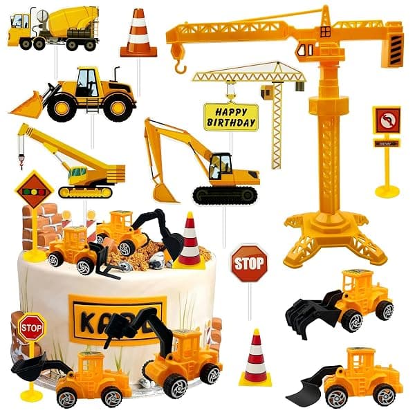 Construction vehicle birthday cake topper set with excavator, bulldozer, and crane