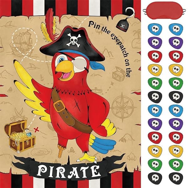 Pin the hook on the pirate kids birthday party game with poster and stickers