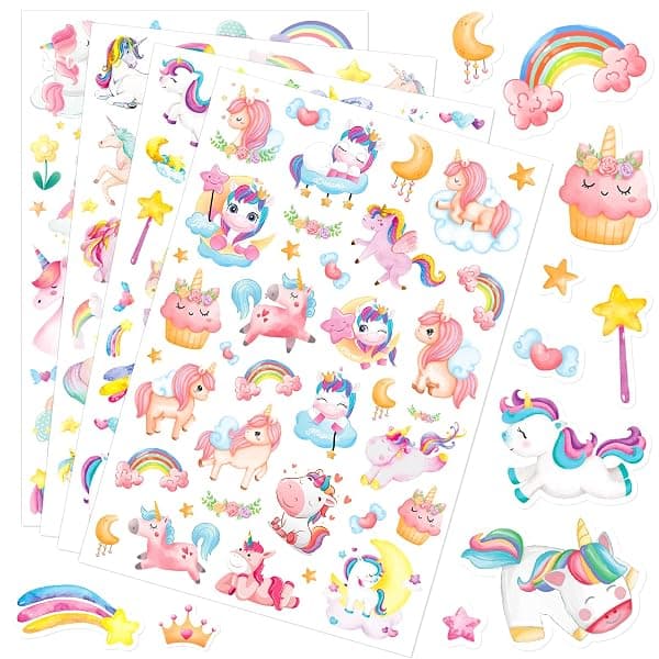 Sheet of glittery unicorn and rainbow themed envelope sticker seals