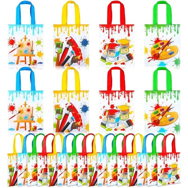 Kraft paper favor bags with crayon and paint art supply print for kids party
