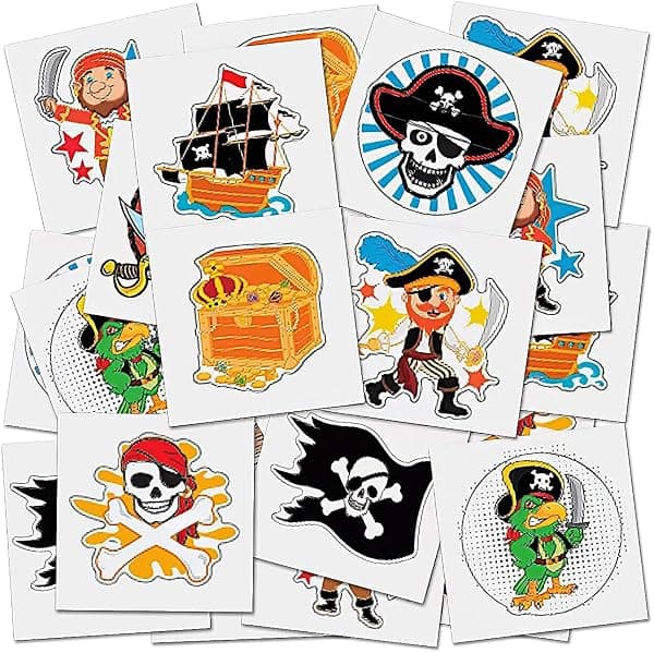 Assorted pirate ship and skull temporary tattoos for kids, pre-cut