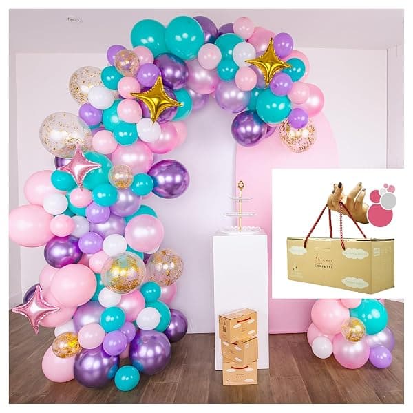 Unicorn balloon arch garland kit with pink, purple, white and gold balloons, 150-piece