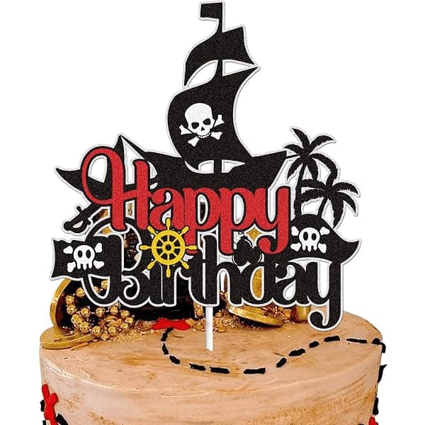 Pirate ship birthday cake decoration kit with skull flag and sail topper