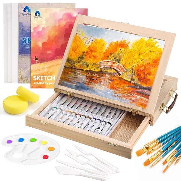 Portable wooden watercolor painting kit with tabletop easel and canvas panels