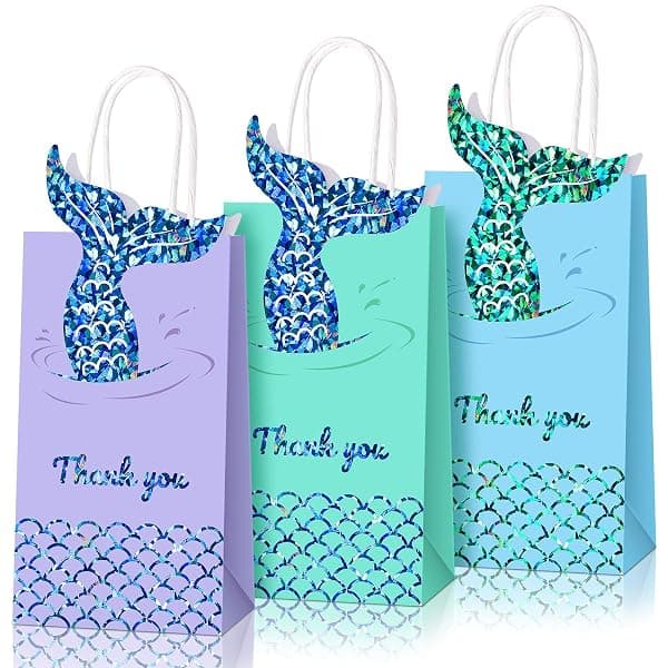 Mermaid party favor bags in three colors with handles, 18-pack