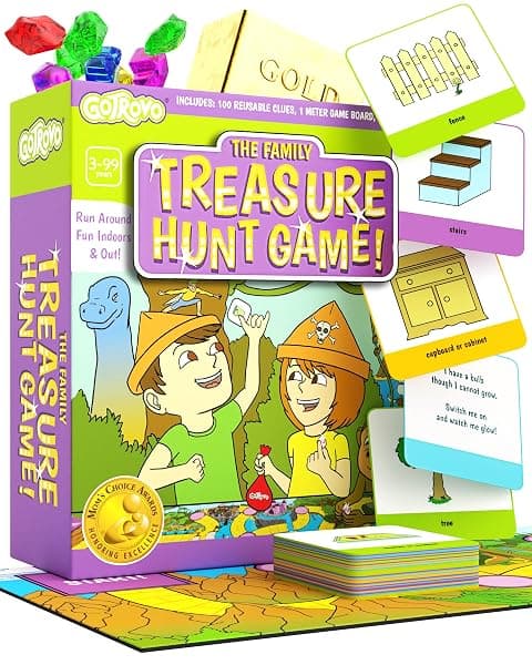 Pre-made kids treasure hunt party kit with clue cards and treasure map