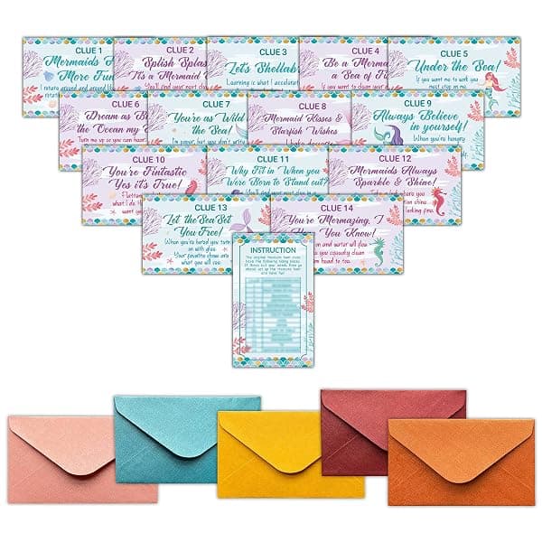 Mermaid treasure hunt scavenger hunt clue cards set with ocean-themed illustrations