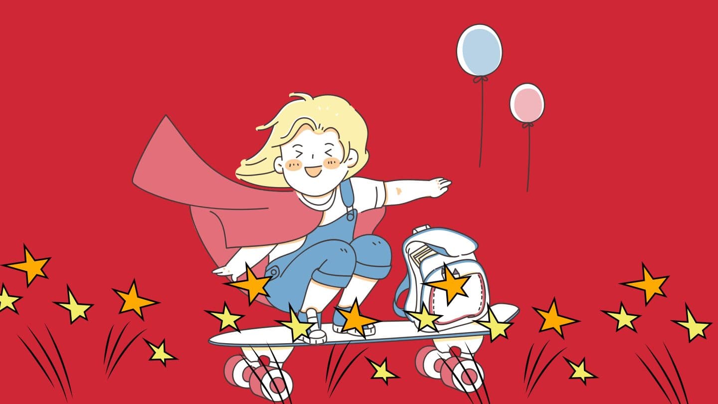 Illustrated caped kid skateboarding through stars with balloons