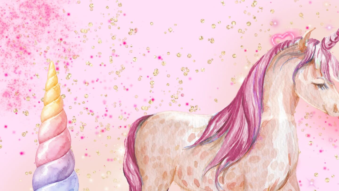 Watercolor unicorn with a pink mane amid gold glitter on a blush background
