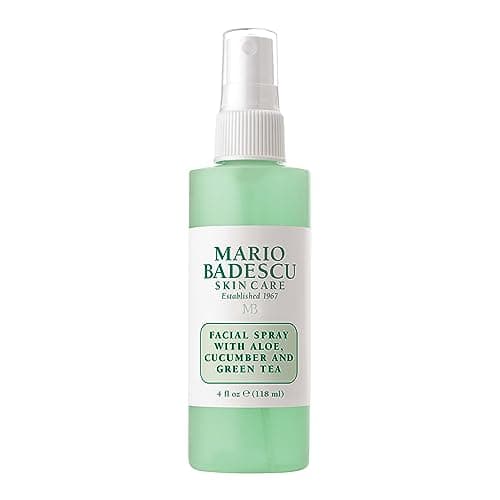 Mario Badescu facial spray with aloe, cucumber, and green tea in teal-labeled 4 fl oz glass bottle