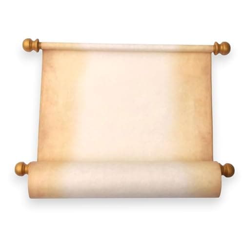 Aged parchment scroll with gold border decorations, partially unrolled on a wooden surface