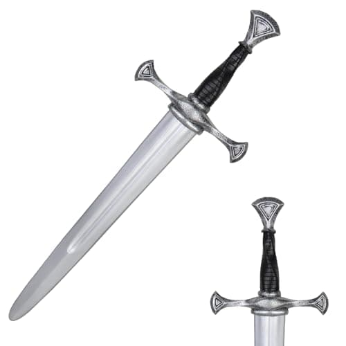Silver-finish foam LARP sword with detailed hilt and crossguard design against white background