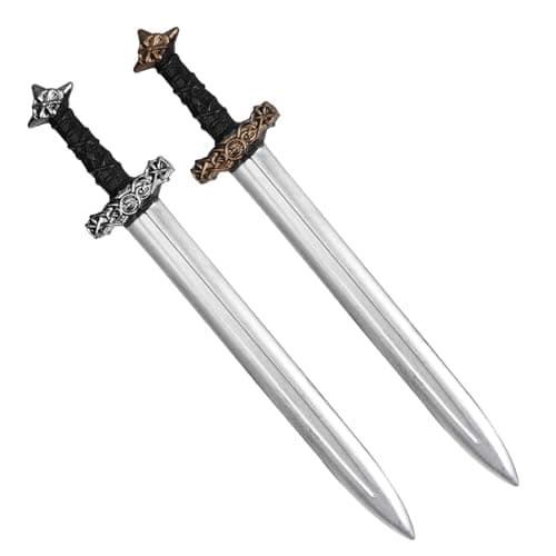 Two plastic medieval sword props with crossguard detail, 23.6 inches each, shown on white background