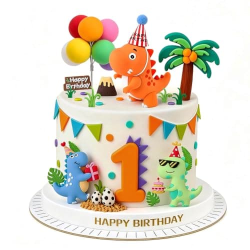 25-piece dinosaur cake topper set with dino figures, eggs, jungle leaves, and Happy Birthday sign