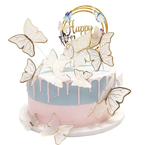 Butterfly cake topper set with large Happy Birthday banner topper and 15 white gold 3D butterfly cupcake toppers