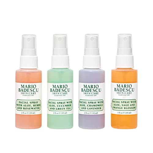 Mario Badescu mini mist facial spray 4-pack sampler in 2 fl oz travel sizes with four scents: rose water, cucumber, lavender, orange blossom