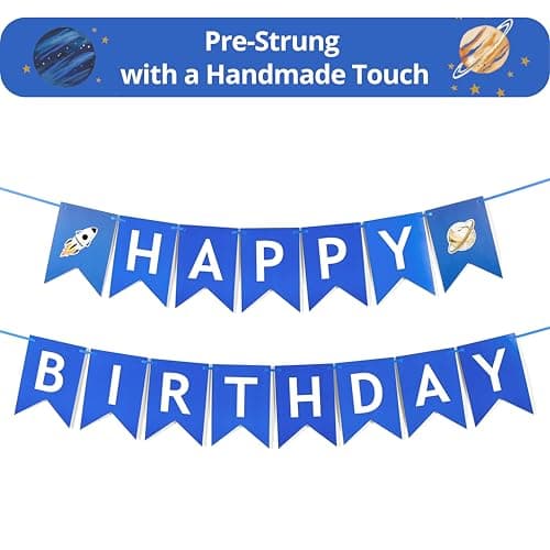 GALASET outer space Happy Birthday party banner with galaxy and planet graphics, pre-strung