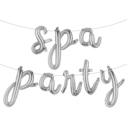 Silver SPA PARTY foil letter balloon banner set with latex balloons and ribbon for teen spa birthday party