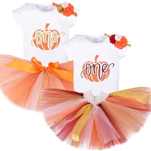 Baby girl first birthday Little Pumpkin tutu set with romper and headband for fall cake smash