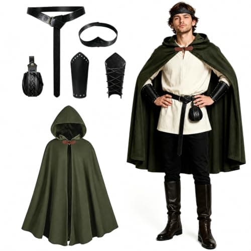Medieval Renaissance costume set showing dark hooded cloak with belt, faux leather pouch, and bracers on white background
