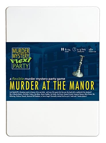 Murder Mystery Flexi Party Murder at The Manor game box showing Victorian manor illustration, with character booklets and suspect card components spread beside it