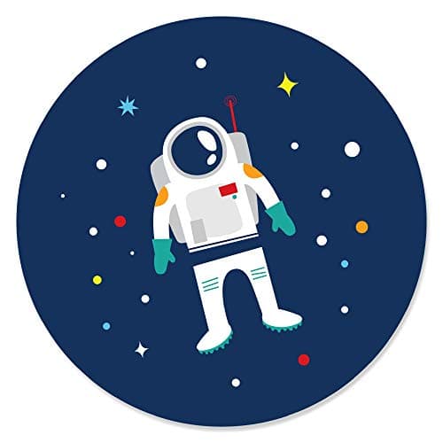 Sheet of round rocket ship and planet circle sticker labels for party envelopes