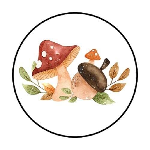 Sheet of round mushroom and acorn envelope seal sticker labels for invitations