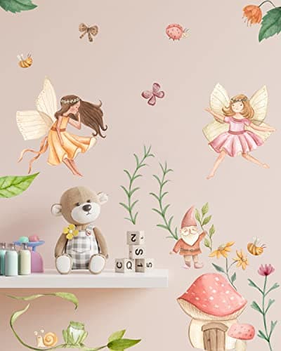 Fairy angel flower girl with mushroom peel-and-stick vinyl wall decals for nursery and girls bedroom
