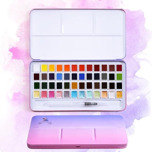 MeiLiang watercolor paint set with 48 cake colors including metallic shades and a watercolor brush on white background