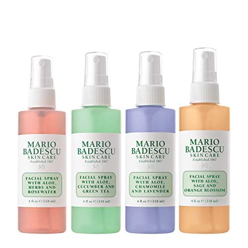 Mario Badescu facial spray 4-pack collection with rose water, cucumber, lavender, and orange blossom bottles
