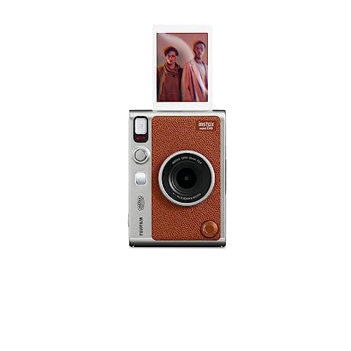 Fujifilm Instax Mini EVO hybrid instant camera in retro brown body with wrist strap and digital display