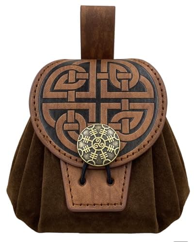 Brown embossed faux leather medieval belt pouch with drawstring closure on white background